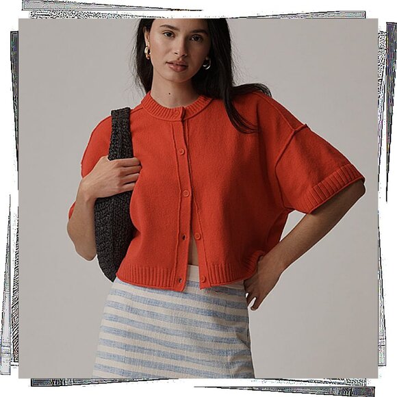 NWT: Red “The Goldie” Cotton Blend Crew Neck Cardigan Sweater (M) by Pilcro - Picture 2 of 5